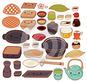Collection set of lovely japanese kitchen ware doodle
