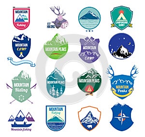 Collection set mountains and camping logo, labels and design elements.