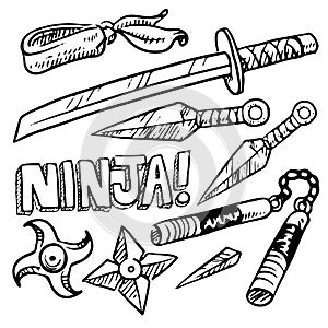 Collection set of ninja weapons, drawing on white background