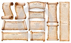 Collection set old parchment paper scroll sheet vintage aged or texture isolated on white background