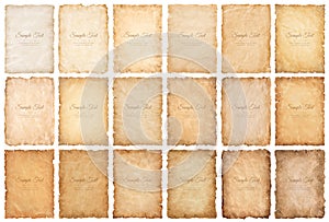 Collection set old parchment paper sheet vintage aged or texture isolated on white background