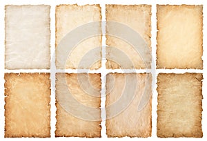 Collection set old parchment paper sheet vintage aged or texture isolated on white background