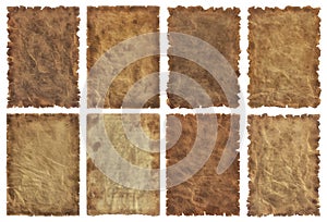 Collection set old parchment paper sheet vintage aged or texture isolated on white background