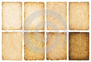 Collection set old parchment paper sheet vintage aged or texture isolated on white background