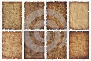 Collection set old parchment paper sheet vintage aged or texture isolated on white background