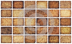 Collection set old parchment paper sheet vintage aged or texture isolated on white background