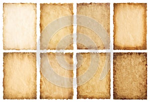 Collection set old parchment paper sheet vintage aged or texture isolated on white background