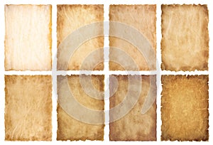 Collection set old parchment paper sheet vintage aged or texture isolated on white background