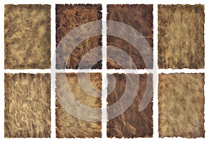 Collection set old parchment paper sheet vintage aged or texture isolated on white background