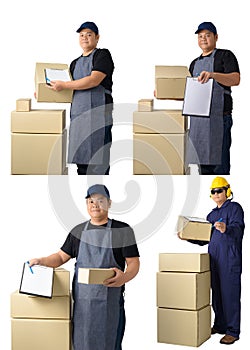 Collection set portrait of delivery man in Black shirt and apron with stack of boxes is carrying parcel and presenting receiving