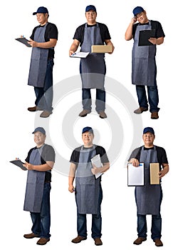 Collection set portrait of delivery man in Black shirt and apron with stack of boxes is carrying parcel and presenting receiving