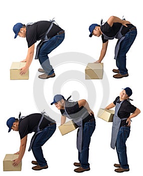 Collection set portrait of Delivery man lifting heavy weight boxes against having a backache isolated on white