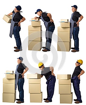 Collection set portrait of Delivery man lifting heavy weight boxes against having a backache isolated on white