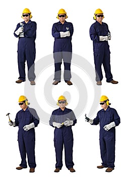 Collection set of portrait of a worker in Mechanic Jumpsuit is holding a wrench or tool isolated on white background