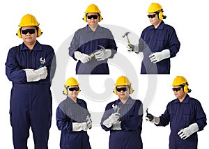 Collection set of portrait of a worker in Mechanic Jumpsuit is holding a wrench or tool isolated on white background