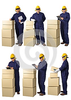 Collection set portrait of worker in Mechanic Jumpsuit Was carrying Parcel box isolated on white