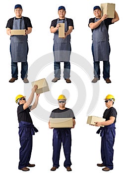 Collection set portrait of worker in Mechanic Jumpsuit Was carrying Parcel box isolated on white