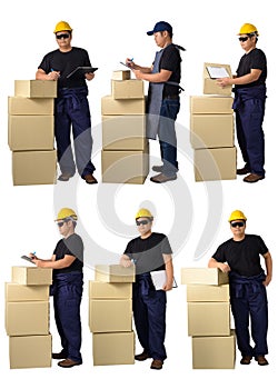 Collection set portrait of worker in Mechanic Jumpsuit Was carrying Parcel box isolated on white