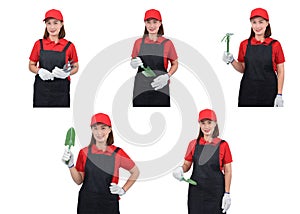 Collection set of portrait of a worker woman or Servicewoman in Red shirt and apron is holding Shovel for Cultivators on white