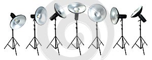 Collection set of professional studio lighting equipment
