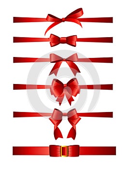 Collection Set of red bows with horizontal  ribbon isolated on white background. Vector illustration