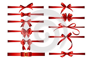 Collection Set of red bows with horizontal  ribbon isolated on white background. Vector illustration