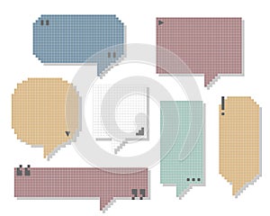 Collection set of retro game 8 bit pixel blank speech bubble balloon, text box banner, pastel color