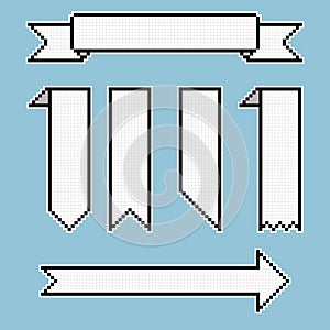 Collection set of retro game 8 bit line pixel ribbon banner speech bubble balloon, text box, black and white color