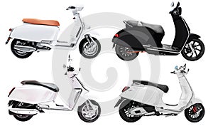 Collection set side view retro scooter isolated on white background with clipping path