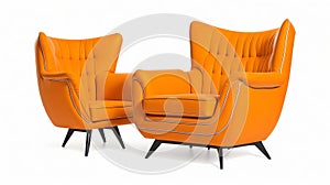 Collection Set of single-seat, cutout retro vintage armchairs in orange, isolated on a white background. photo
