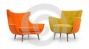 Collection Set of single-seat, cutout retro vintage armchairs in orange and yellow, isolated on a white background. photo