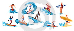 Set of surfers. Raster illustration in flat cartoon style photo