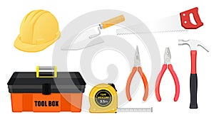 Collection set of toolbox object saw hammer tape ruler needle nose pliers shovel hard hat