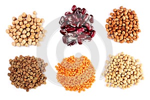 Collection set of Various dried kidney legumes beans, soybeans, lentils, chickpeas close up isolated on white background