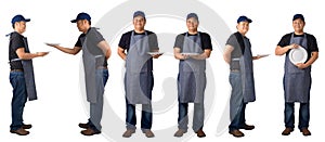 Collection set of waiter holding empty plate isolated on white background