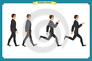 Collection set of Walking and running businessman. Walk, run, active.