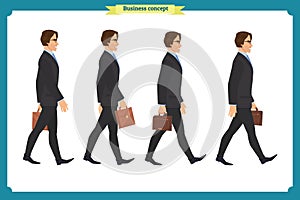 Collection set of Walking and running businessman. Walk, run, active. Variety of movements. Flat Character man cartoon