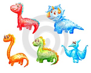 Collection of set of watercolor cartoons of kind children fantastic dinosaurs with big eyes and with a smile