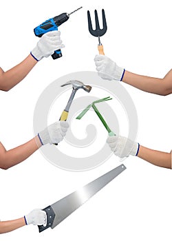 Collection set of Woman worker hand Wear gloves holding Craftsman tool isolated on white