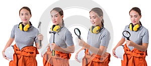 Collection set of woman worker in Mechanic Jumpsuit is holding a tool isolated on white background