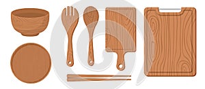 Collection set of wooden kitchenware plate cutting board bowl chopsticks fork spatula