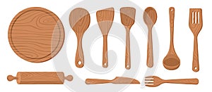 Collection set of wooden kitchenware plate cutting board fork rice spatula spoon rolling pin