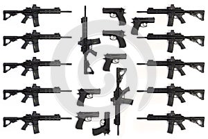 Collection of several assault rifles and pistols isolated on white background