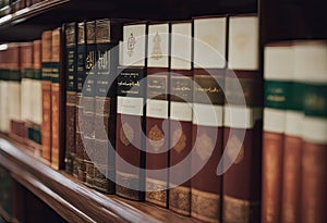 A collection of several Islamic books neatly arranged on a bookshelf. Consisting of tafsir books on Al Qurthubi, At-Thobari, Fiqh