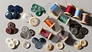 Collection of Sewing Buttons and Thread Spools on a Light Gray Surface