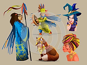 Collection Shamans, sorcerers Indian witches voodoo clan African shaman. Dance with a tambourine. Chief with staff