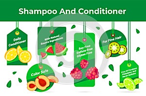 Collection shampoo and conditioner with natural ingredients tag on rope vector flat illustration