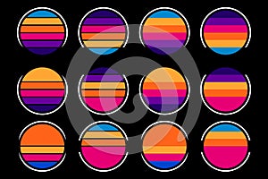 Collection shape circles with sunset background isolated black background