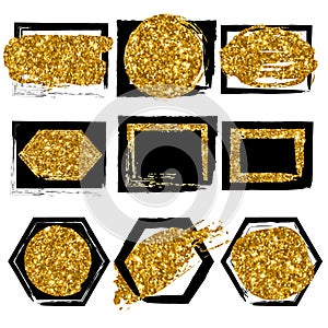 Collection of shapes. Black with gold glitter background for business card