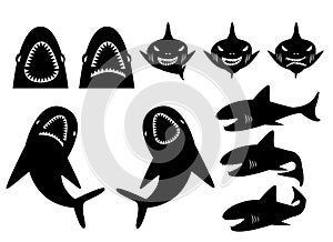 Collection of sharks silhouette in cartoon style